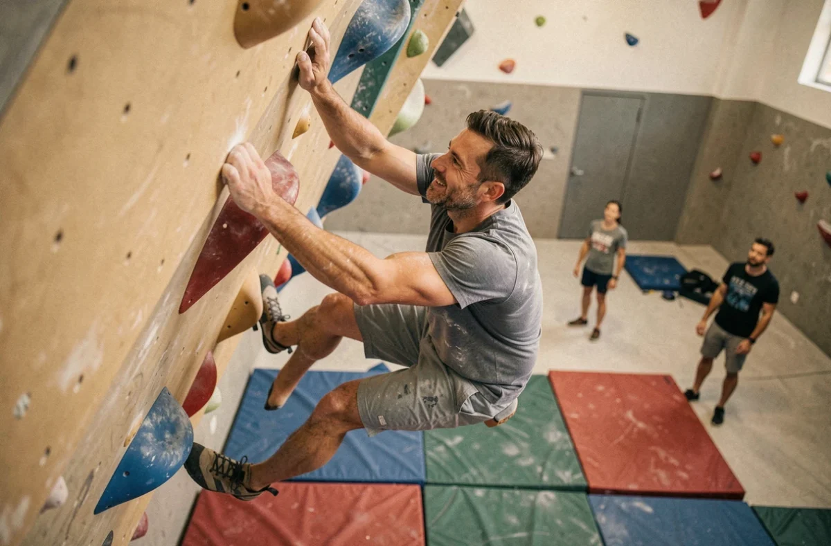 Grimpeur au sommet d'un dévers dans la salle 45° Escalade