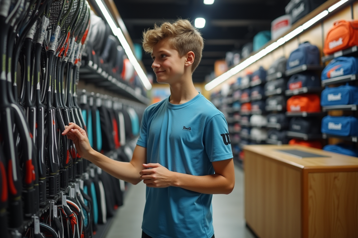 Adolescent choisissant une raquette Wilson en magasin