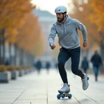 Homme adulte en train de pratiquer le roller Urban Glide 140 sur un trottoir urbain, équipé d'un casque et d'une tenue sportive