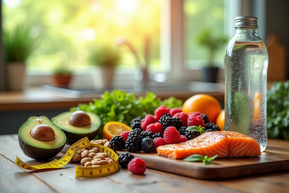 Assortiment d aliments sains sur une table en bois