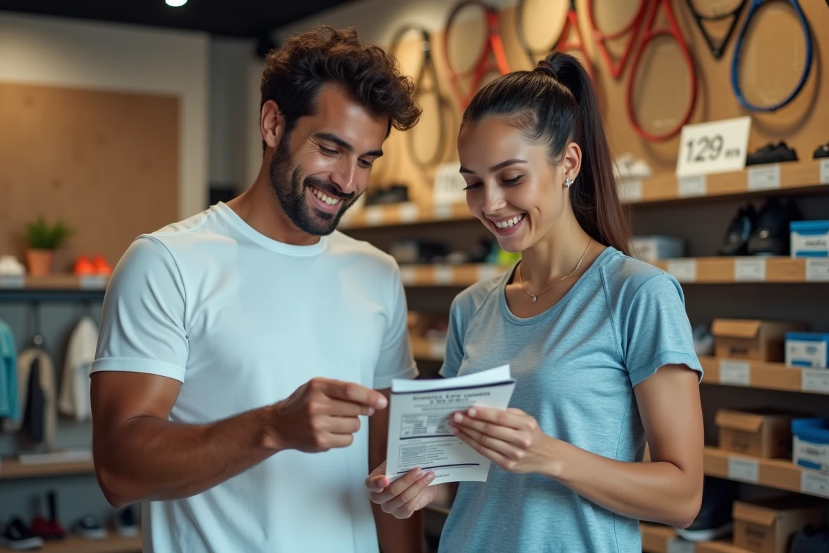 Deux amis comparant des codes promotionnels Tennis : zero 2026 dans un magasin de sport spécialisé