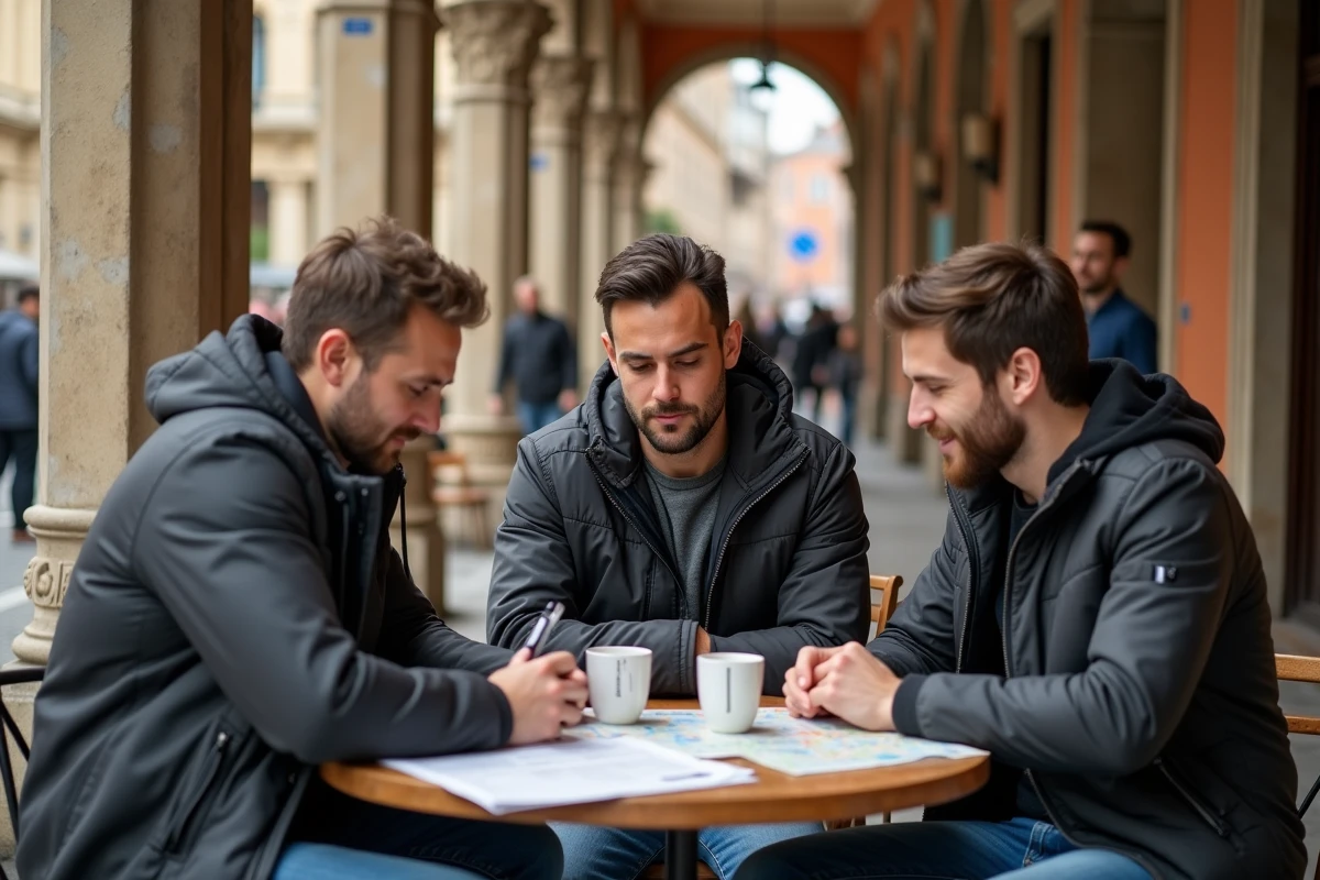 Groupe d'amis planifiant leur sortie au match de la Juventus autour d'un café en terrasse à Turin