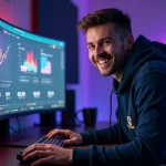 Analyste esport masculin étudiant des graphiques d'audience et de croissance de followers sur un écran ultrawide dans un studio moderne en 2026