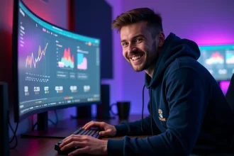Analyste esport masculin étudiant des graphiques d'audience et de croissance de followers sur un écran ultrawide dans un studio moderne en 2026