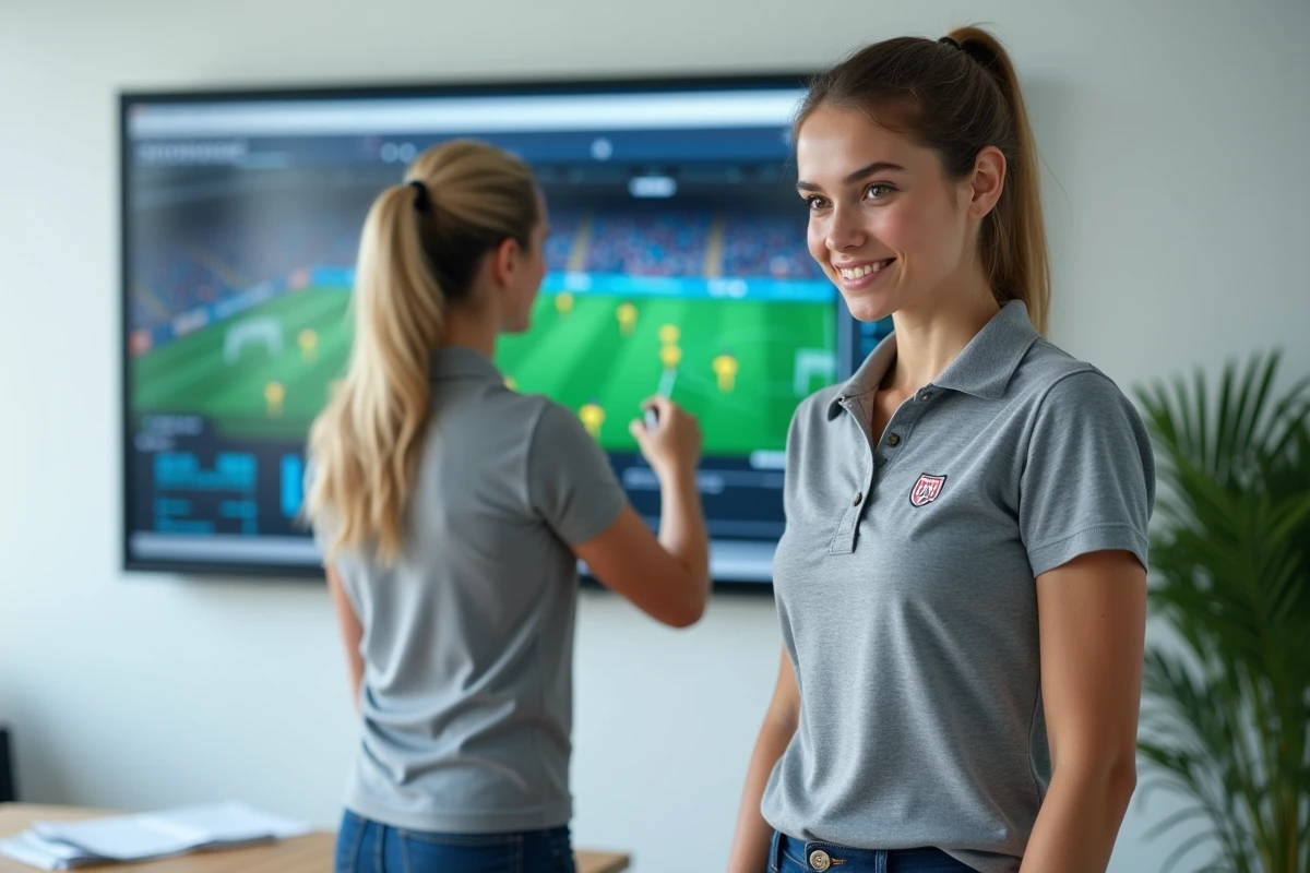 Analyste sportive présentant les statistiques de joueurs FC 25 sur un écran tactile pour optimiser son club avant les DCE 2026