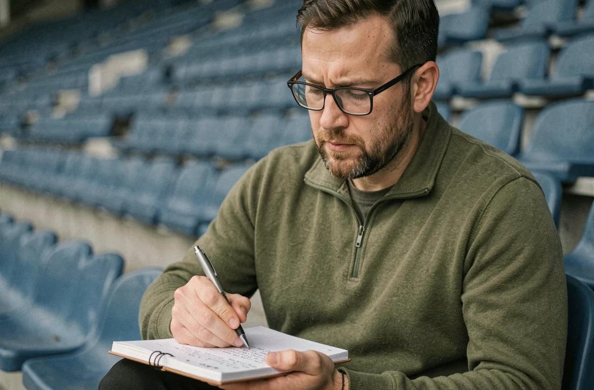Analyste sportif indépendant prenant des notes manuscrites dans une tribune de stade vide, regard concentré et atmosphère sérieuse