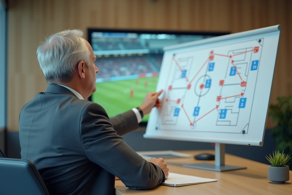 Analyste tactique argentin étudiant les formations sur un tableau blanc dans une salle de coaching