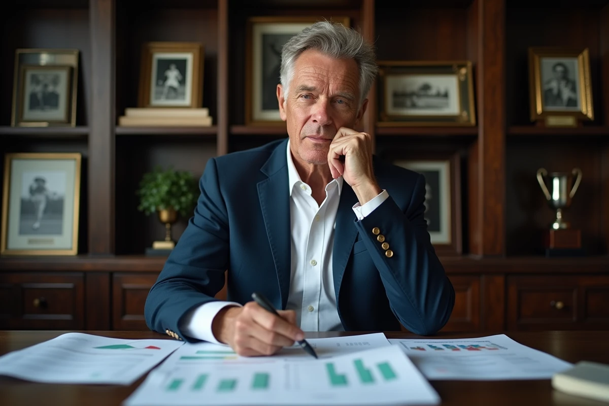 Ancien joueur de tennis analysant des statistiques de matchs dans un bureau sportif avec des graphiques de performance