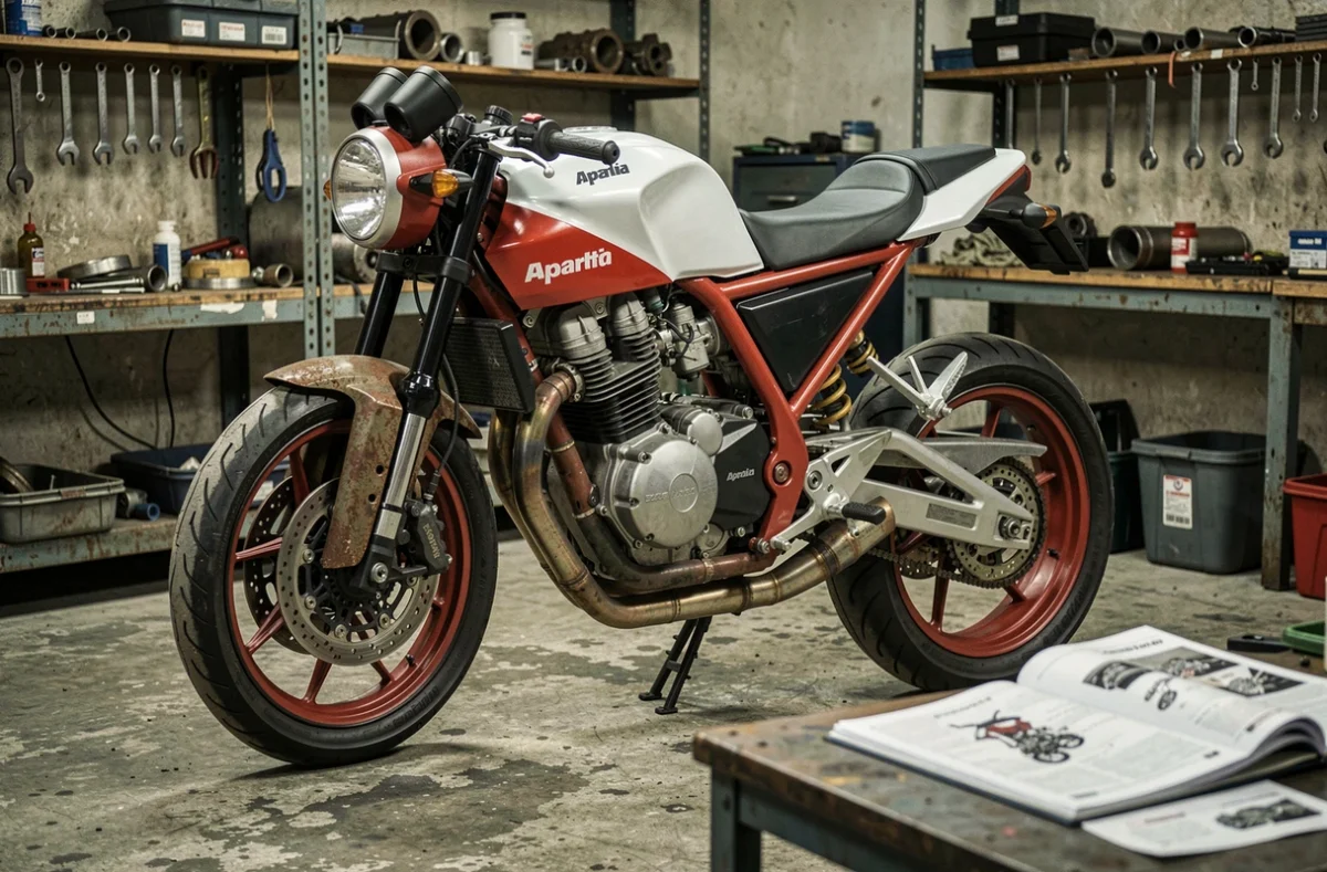 Aprilia RS 125 statique dans un atelier moto vue 3/4 arrière avec moteur et fiche technique visible sur l'établi