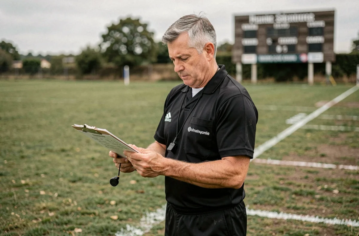 Arbitre de rugby consultant le calendrier de la Fédérale 2 Poule 4 sur un clipboard en bord de terrain, stade provincial français avec tableau de score en arrière-plan