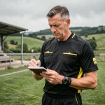Arbitre de football amateur consultant son carnet sur un terrain en Ardèche, décision sportive comité régional