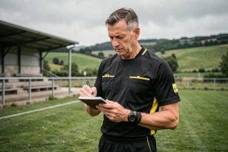 Arbitre de football amateur consultant son carnet sur un terrain en Ardèche, décision sportive comité régional