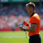 Arbitre de rugby avec chronomètre sur le terrain avant le coup d'envoi
