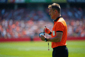 Arbitre de rugby avec chronomètre sur le terrain avant le coup d'envoi