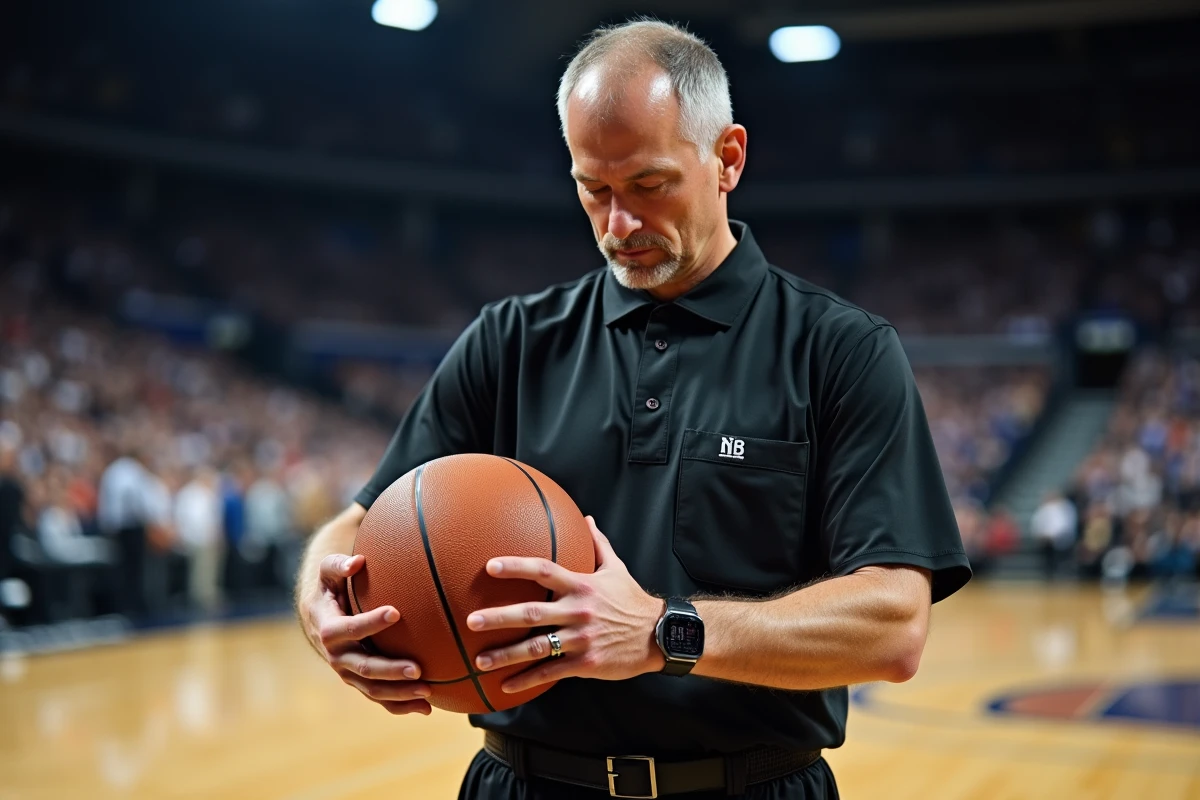Arbitre vérifiant sa montre avec un ballon de basket