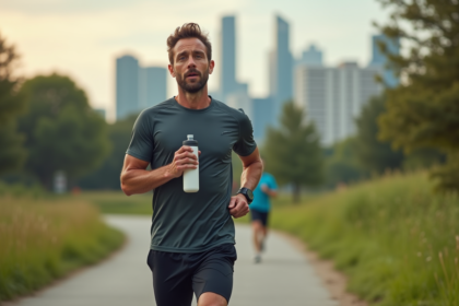 Athlète en plein effort buvant une boisson d endurance en ville