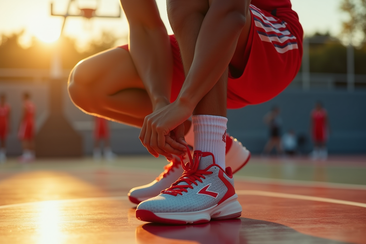 Athlète en tenue de jeu nouant ses baskets Anthony Edwards