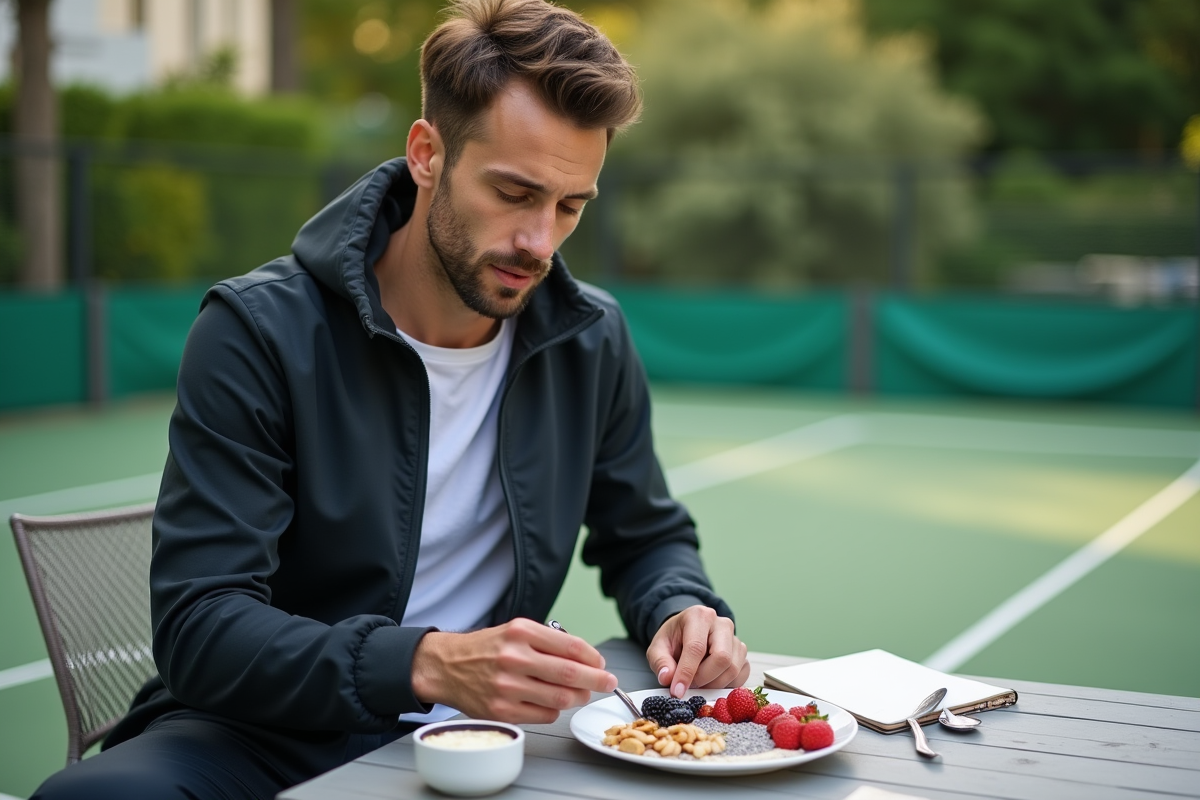 Athlète préparant un repas en extérieur près d’un court de tennis