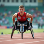 Jeune homme en fauteuil roulant lors d'un événement sportif outdoor