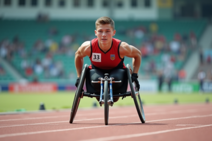 Jeune homme en fauteuil roulant lors d'un événement sportif outdoor