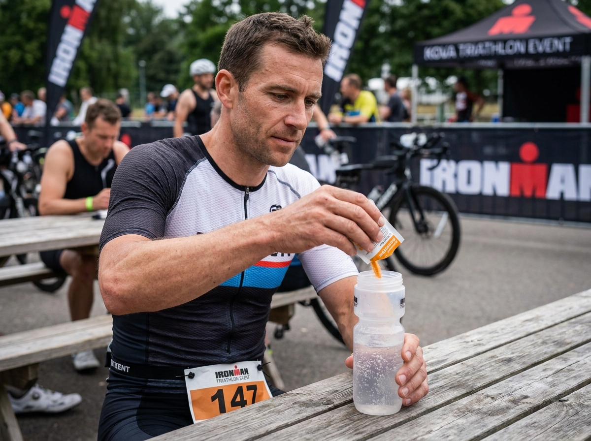 Athlète de triathlon préparant une boisson aux électrolytes avant une compétition, montrant la routine de préparation nutritionnelle pré-course