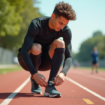 Jeune homme athlète en plein effort sur piste extérieure