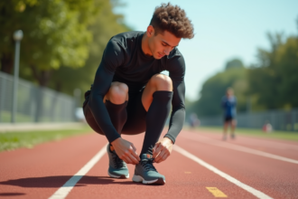 Jeune homme athlète en plein effort sur piste extérieure