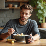 Jeune athlète mangeant un bol de flocons banane dans une cuisine lumineuse