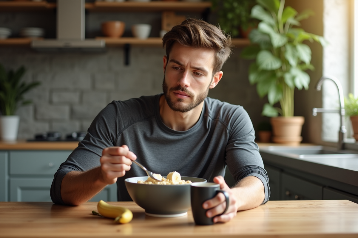 Jeune athlète mangeant un bol de flocons banane dans une cuisine lumineuse