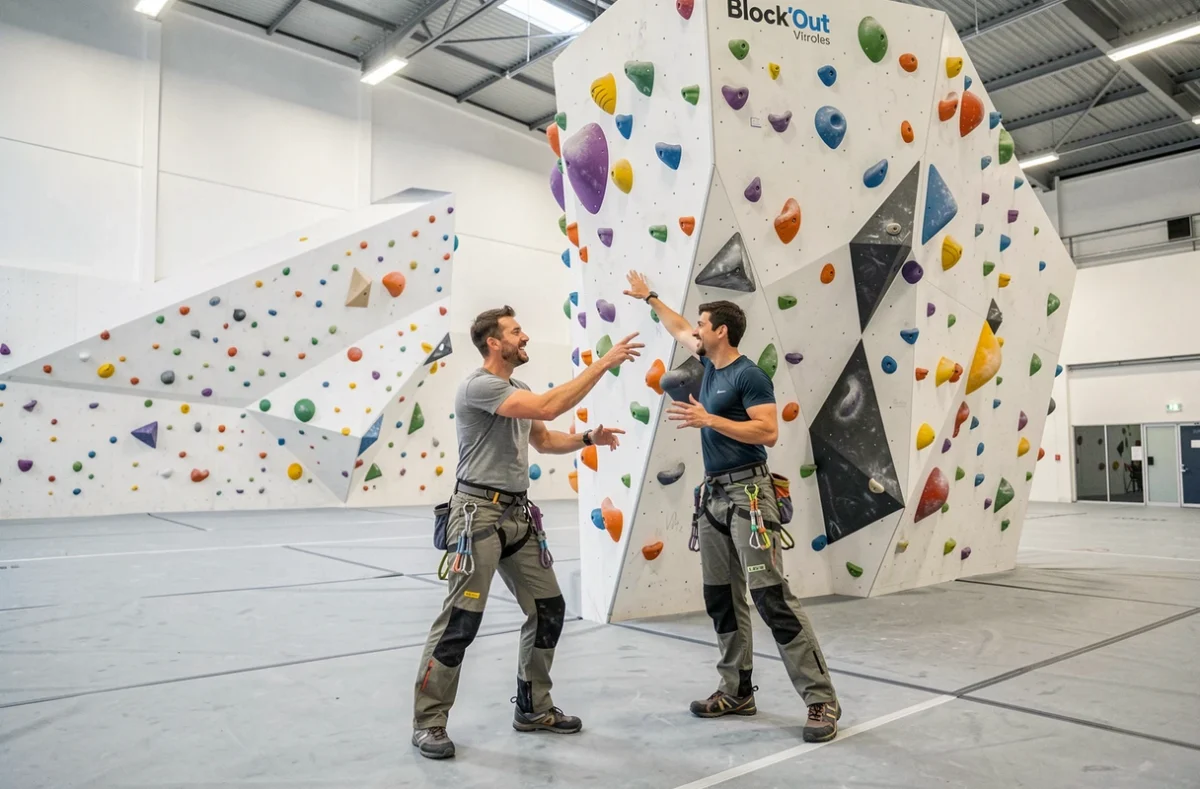 Deux grimpeurs s'entraînant dans la grande salle Block'Out Vitrolles
