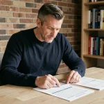 Blogueur sportif indépendant analysant des statistiques imprimées dans son bureau minimaliste, expression concentrée et posture réfléchie