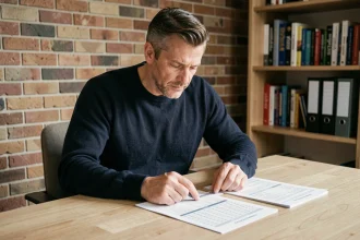 Blogueur sportif indépendant analysant des statistiques imprimées dans son bureau minimaliste, expression concentrée et posture réfléchie