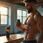 Muscle bodybuilder dans une salle lumineuse tenant une capsule d'huile de poisson