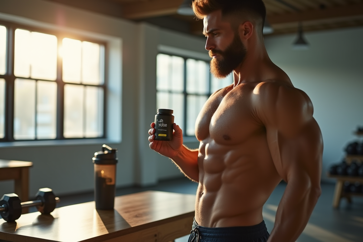 Muscle bodybuilder dans une salle lumineuse tenant une capsule d'huile de poisson