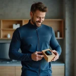 Homme sportif dans la trentaine tenant un smartwatch en cadeau dans un appartement moderne au style minimaliste