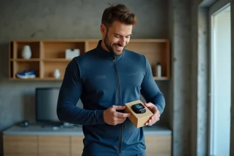 Homme sportif dans la trentaine tenant un smartwatch en cadeau dans un appartement moderne au style minimaliste