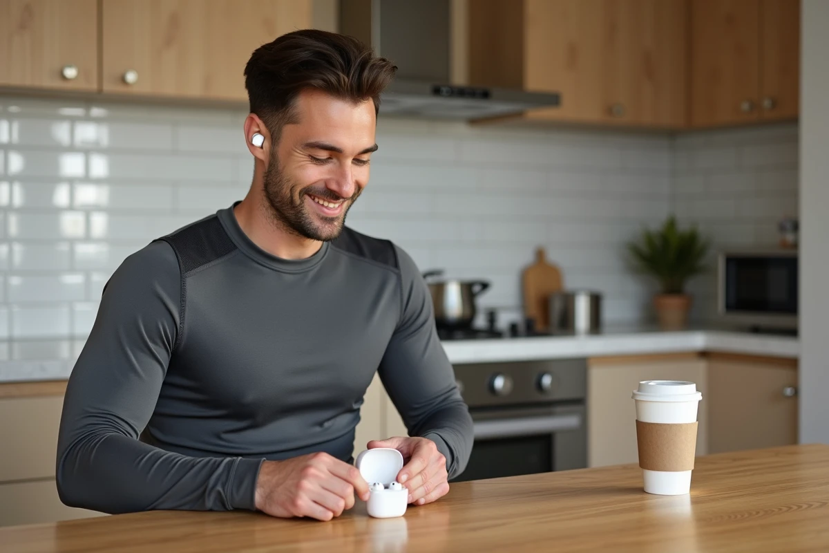Homme sportif déballant des écouteurs sans fil sport dans une cuisine moderne de style scandinave