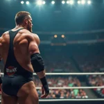 Catcheur professionnel dans une arène WWE vide avant le Saturday Night Main Event, vue grand angle depuis le bord du ring
