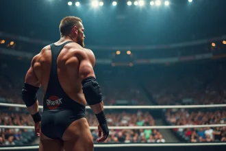Catcheur professionnel dans une arène WWE vide avant le Saturday Night Main Event, vue grand angle depuis le bord du ring