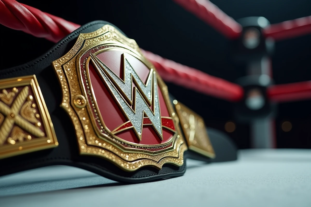 Gros plan sur une ceinture de championnat WWE posée sur un coin de ring, détails dorés et cuir texturé visibles