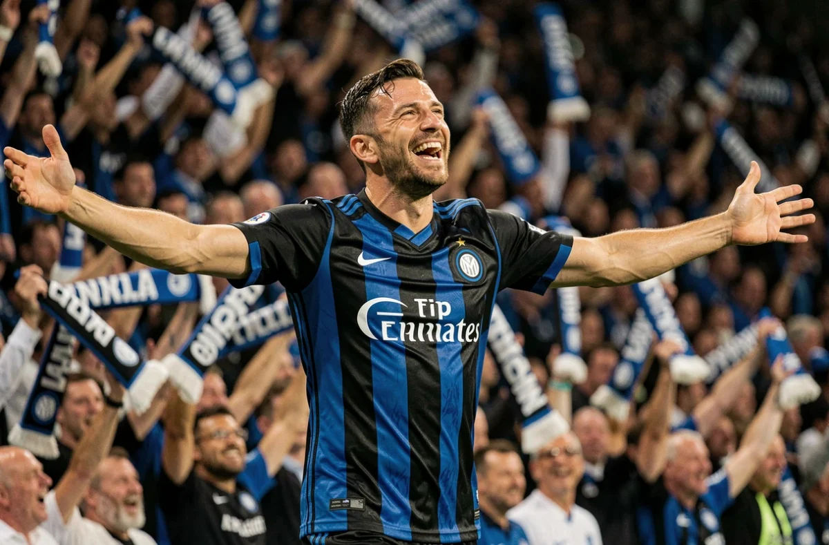 Joueur clé de l'Inter Milan célébrant un but décisif en Ligue des Champions 2026 devant les supporters