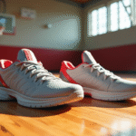 Chaussures de basketball Anthony Edwards sur parquet brillant