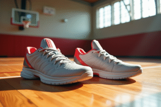 Chaussures de basketball Anthony Edwards sur parquet brillant