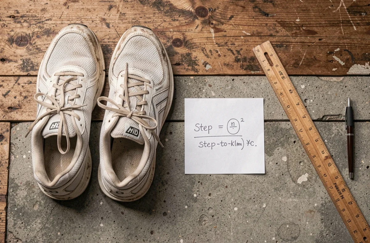Chaussures de running et note manuscrite avec une formule de conversion de pas en kilomètres posées sur une table en bois