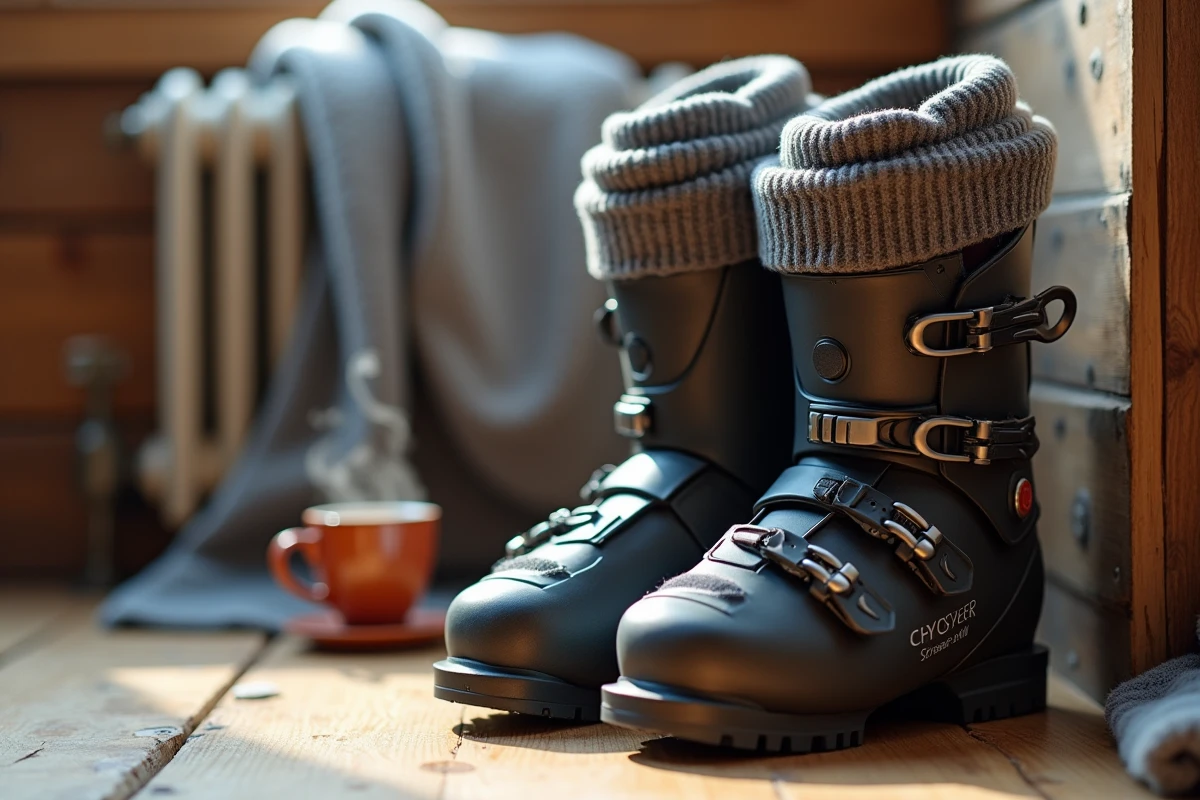 Chaussures de ski femme confortables posées sur un plancher en bois de chalet, chaussettes thermiques et ambiance de détente après le ski