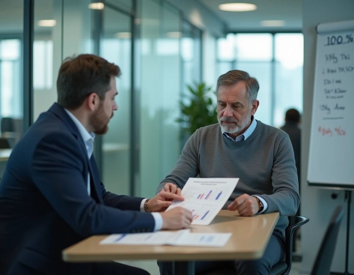 Client et conseiller financier en réunion dans une agence bancaire discutant d'une erreur de répartition de portefeuille