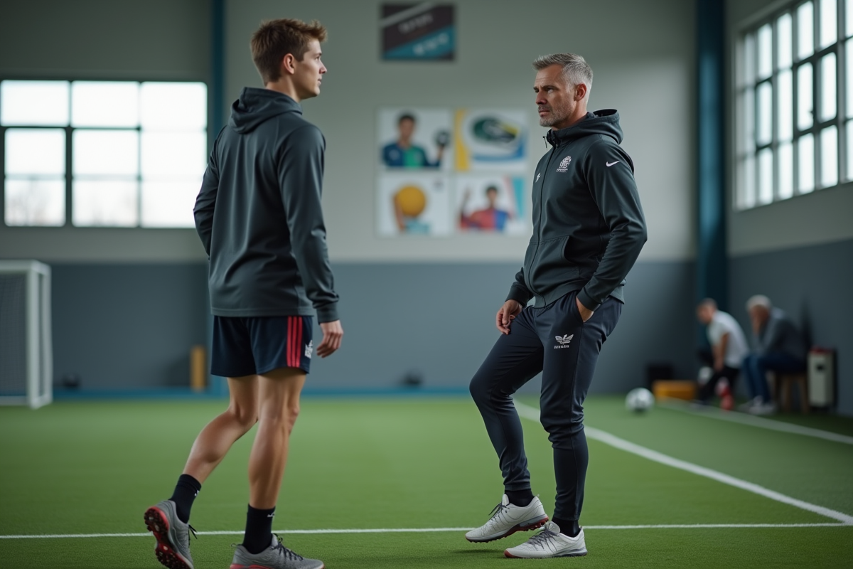 Entraîneur observant un jeune joueur faire des étirements en salle