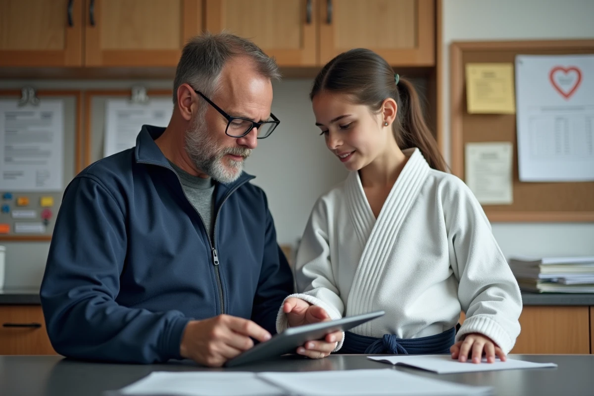 Entraineur de judo enregistrant un judoka sur une tablette