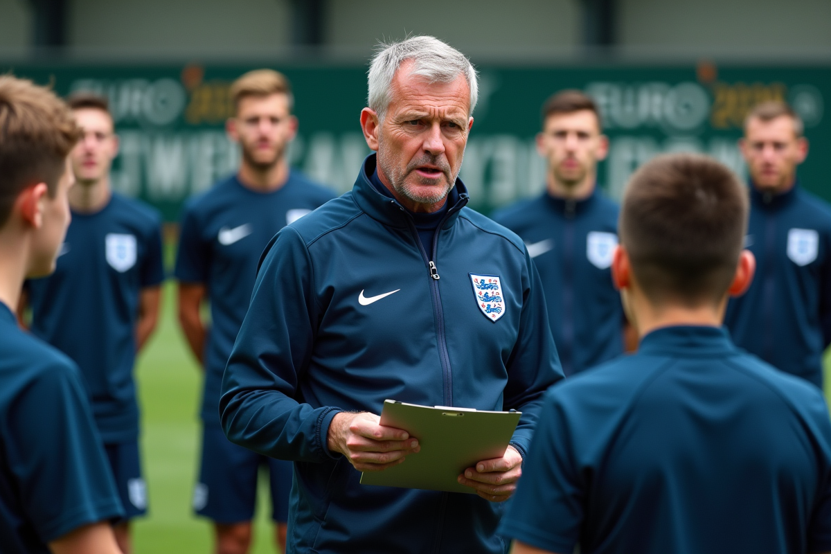 Entraîneur anglais expliquant la tactique aux jeunes joueurs
