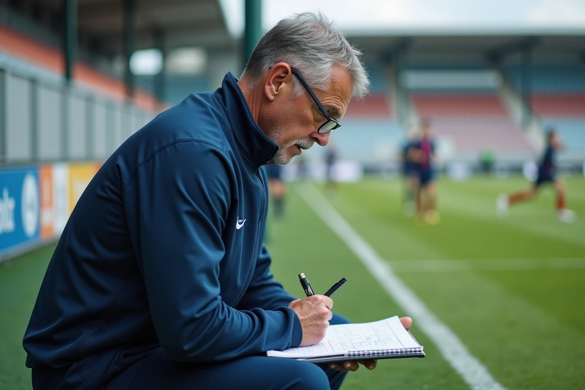 Entraîneur de football dessinant des stratégies sur le terrain